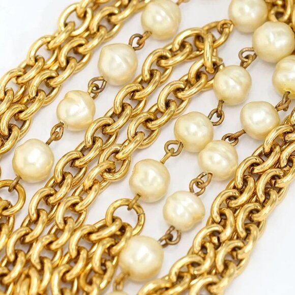 CHANEL Double Chain Pearl Long Necklace 37" Gold Tone Auth w/Box l1140 - Picture 3 of 16